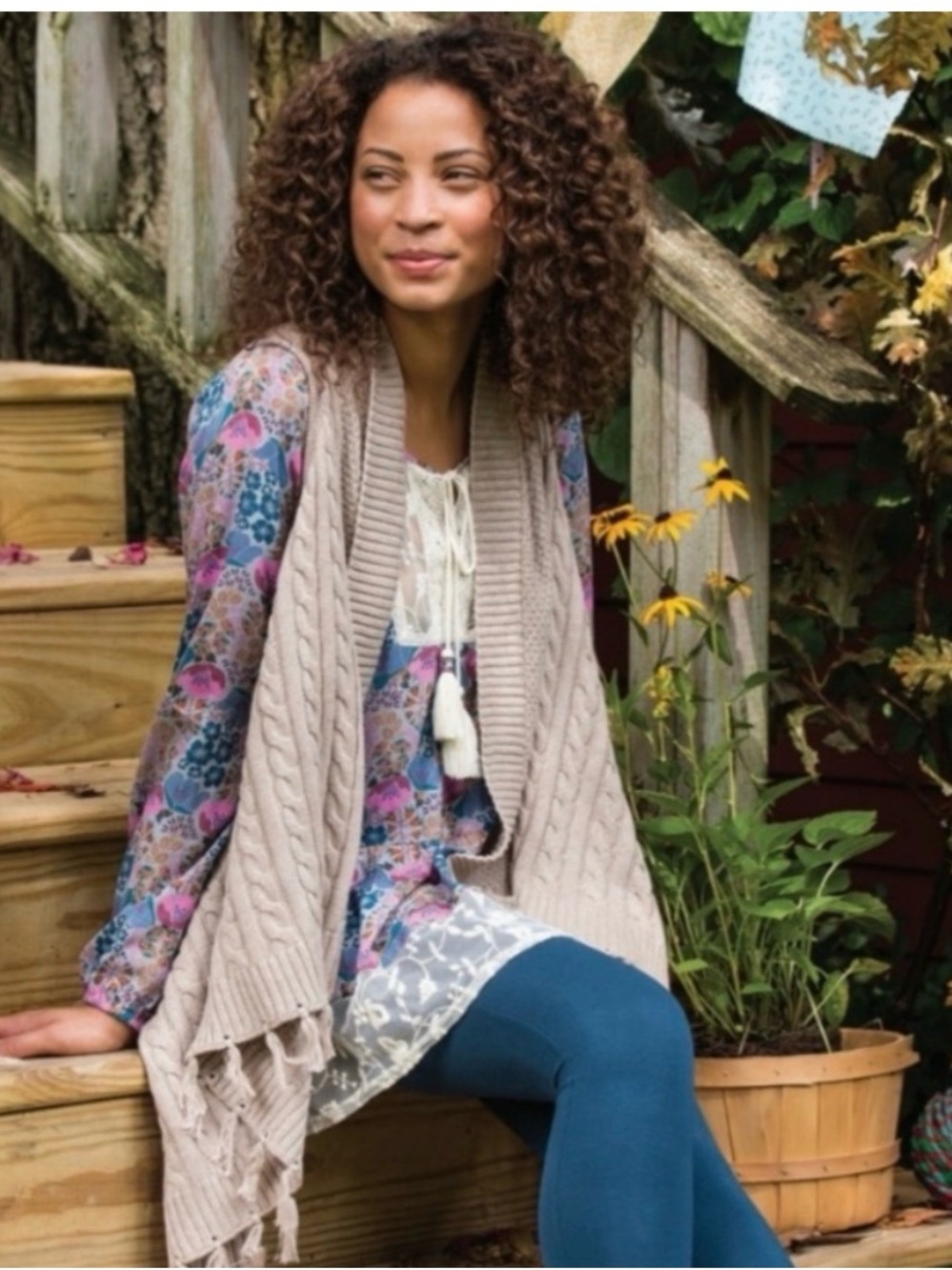 Matilda Jane Beige Cable Knit Fringe Open-Front Vest